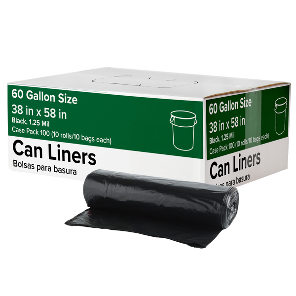 Trash Can Liners, 60 Gallon, 1.25 mil, Black, 100 ct