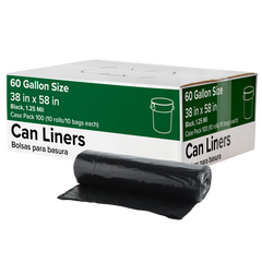 Trash Can Liners, 60 Gallon, 1.25 mil, Black, 100 ct