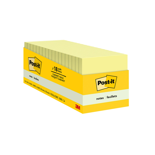 Post-it Notes Cabinet Pack, 3" x 3", Canary Yellow, 90 Sheets, 18 Pads