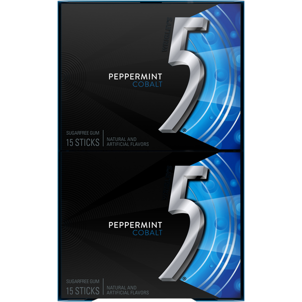 5 Gum Sugar Free Chewing Gum, Peppermint Cobalt, 15 Sticks, 10 ct