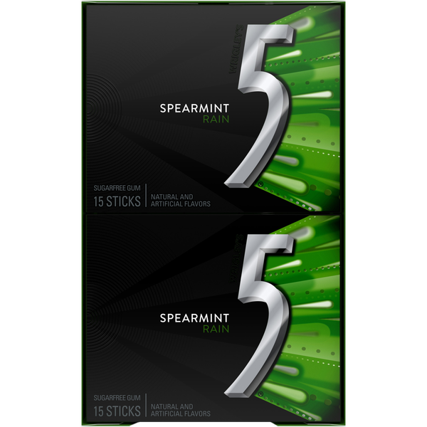 5 Gum Sugar Free Chewing Gum, Spearmint Rain, 15 Sticks, 10 ct