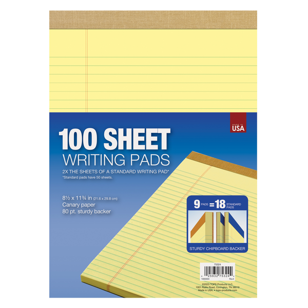 TOPS Legal Notepad, Legal Ruled, Canary Yellow, 8-1/2” x 11-3/4”, 100 Sheets, 9 Pads