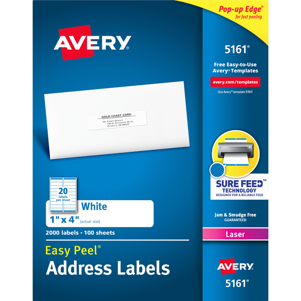 Avery Easy Peel Address Labels with Sure Feed, Laser, White, 1" x 4", 2000 Labels