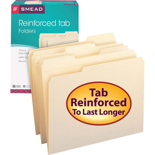 Smead File Folder, Reinforced 1/3-Cut Tab, Letter, Manila, 100 ct