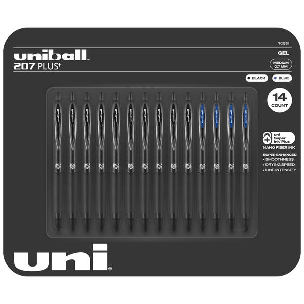 uni-ball 207 PLUS+ Retractable Gel Pen, Medium Point 0.7mm, Assorted Ink Colors, 14 ct