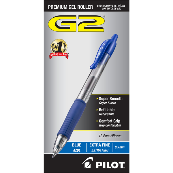 Pilot G2 Retractable Gel Pen, Extra Fine Point 0.5mm, Blue Ink, 12 ct