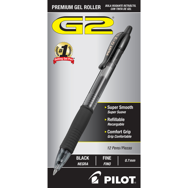 Pilot G2 Retractable Premium Gel Pen, Fine Point 0.7mm, Black Ink, 12 ct