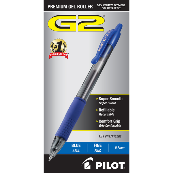 Pilot G2 Retractable Premium Gel Pen, Fine Point 0.7mm, Blue Ink, 12 ct