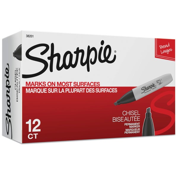 Sharpie Permanent Marker, Chisel Tip, Black, 12 ct