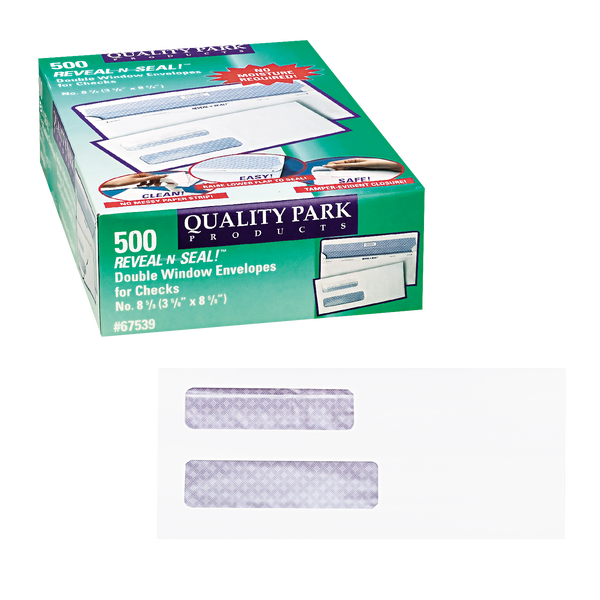 Quality Park #8 Reveal-N-Seal Double Window Envelope, White, 500 ct