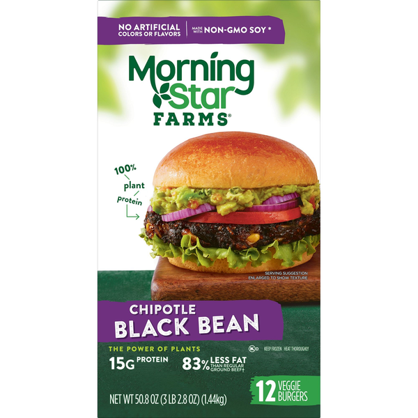 MorningStar Farms Chipotle Black Bean Burger, 1/4 lb Patty, 12 ct