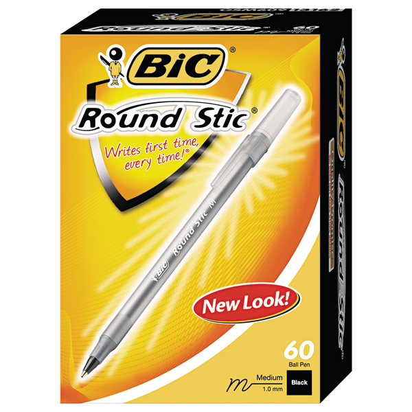 BIC Round Stic Ballpoint Pen, Medium Point 1.0mm, Black Ink, 60 ct