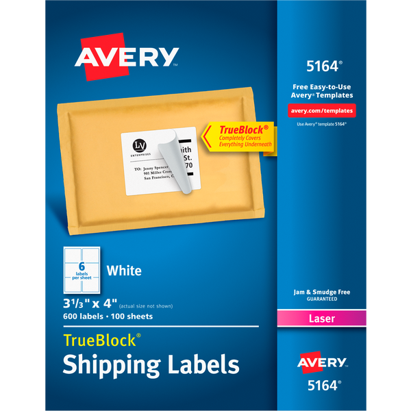 Avery TrueBlock Shipping Labels with Sure Feed, Laser, White, 3-1/3" x 4", 600 Labels