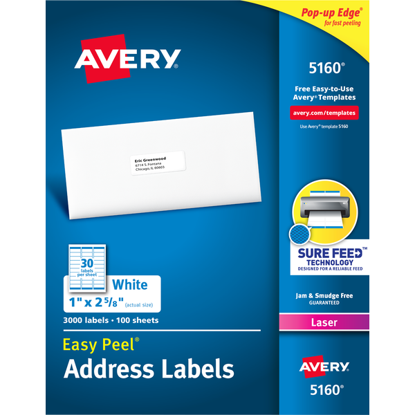 Avery Easy Peel Address Labels with Sure Feed, Laser, White, 1" x 2-5/8", 3000 Labels