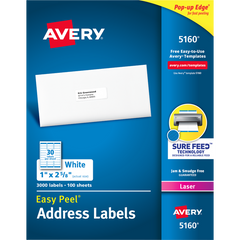 Avery Easy Peel Address Labels with Sure Feed, Laser, White, 1" x 2-5/8", 3000 Labels