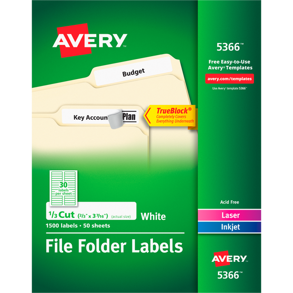 Avery TrueBlock File Folder Labels with Sure Feed, Laser/Inkjet, White, 2/3" x 3-7/16", 1500 Labels