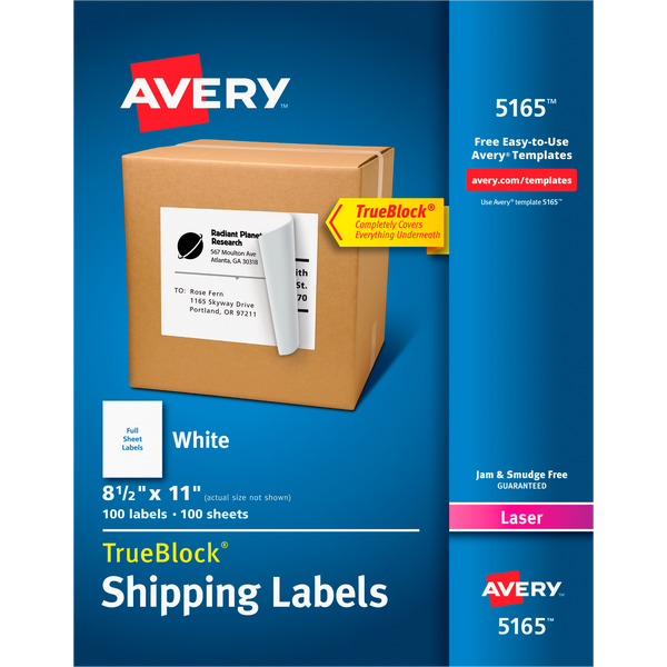 Avery TrueBlock Shipping Labels, Laser, White, 8-1/2" x 11", 100 Labels