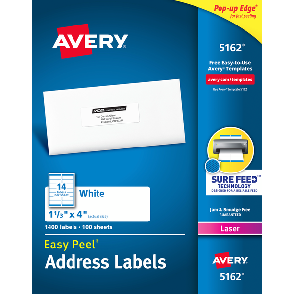 Avery Easy Peel Address Labels with Sure Feed, Laser, White, 1-1/3" x 4", 1400 Labels