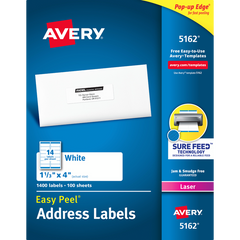 Avery Easy Peel Address Labels with Sure Feed, Laser, White, 1-1/3" x 4", 1400 Labels