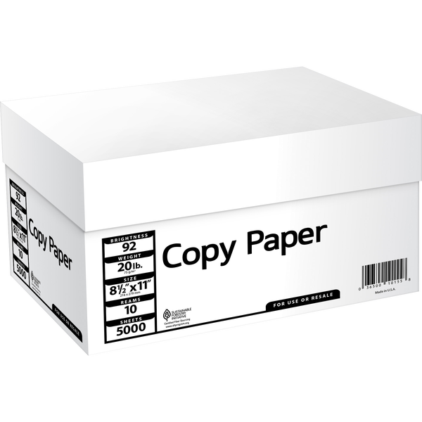 Multipurpose Copy Paper, 92 Bright, 20 lb, White, 8-1/2" x 11", 10 Reams, 5000 Sheets