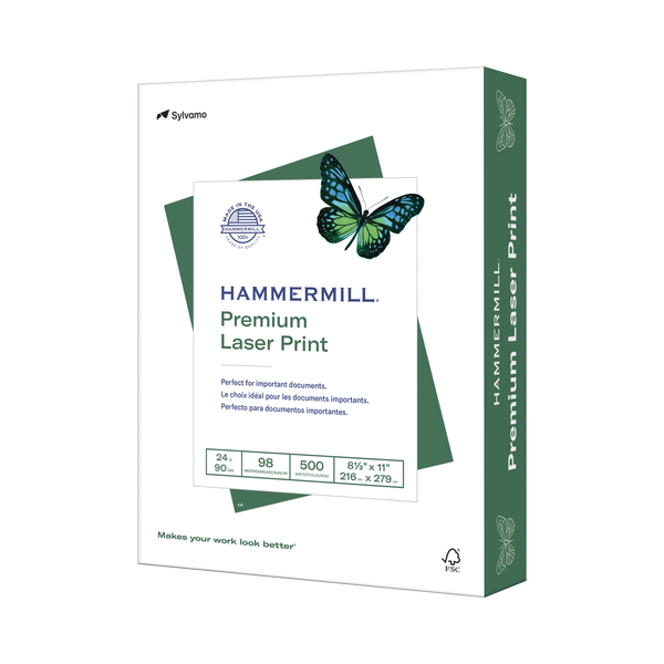 Hammermill Premium Laser Print Paper, 98 Bright, 24 lb, White, 8-1/2" x 11", 1 Ream, 500 Sheets