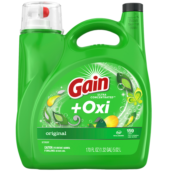 Gain+Oxi Liquid Laundry Detergent, Ultra Concentrated, HE Compatible, Original Scent, 170 fl oz