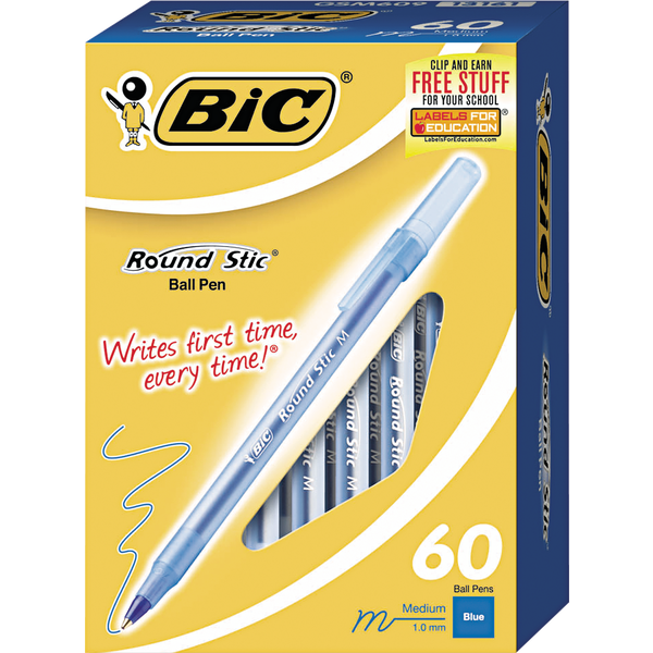 BIC Round Stic Ballpoint Pen, Medium Point 1.0mm, Blue Ink, 60 ct