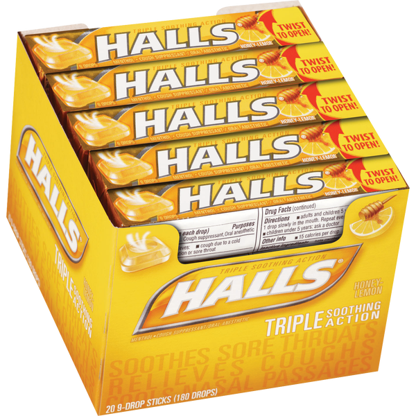 HALLS Relief Cough Drops, Triple Soothing Action, Honey Lemon, 20 ct