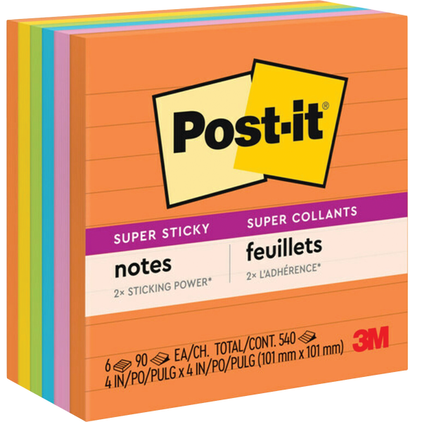 Post-it Super Sticky Notes, 4" x 4", Energy Boost Collection, Lined, 90 Sheets, 6 Pads