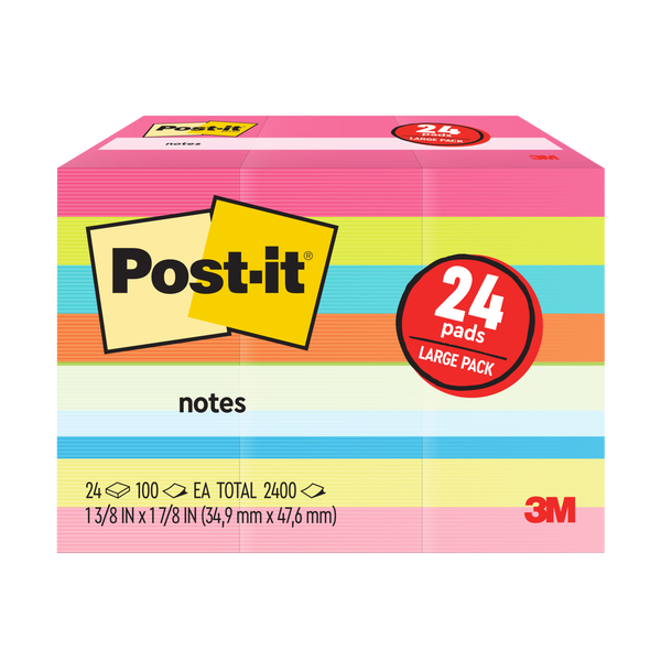 Post-it Notes, 1-1/2" x 2", Assorted Bright Colors, 100 Sheets, 24 Pads