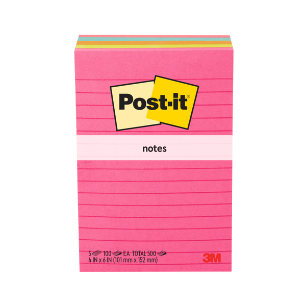 Post-it Notes, 4" x 6", Assorted Bright Colors, Lined, 100 Sheets, 5 Pads