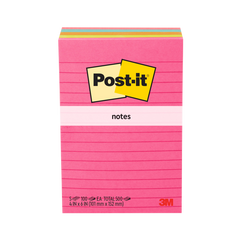 Post-it Notes, 4" x 6", Assorted Bright Colors, Lined, 100 Sheets, 5 Pads