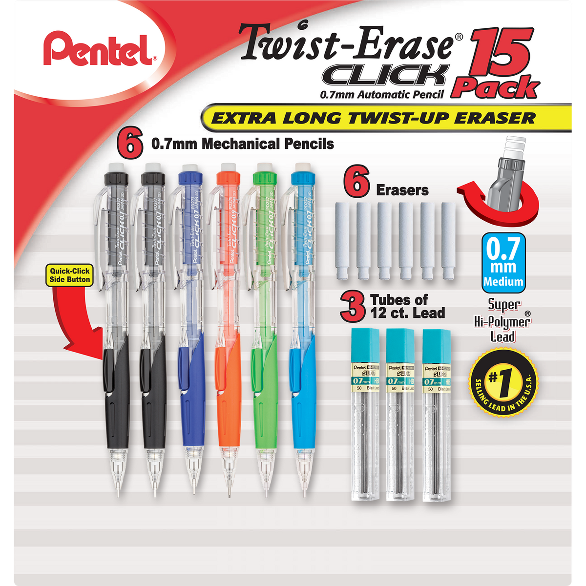 Pentel Twist-Erase Click Mechanical Pencils with Lead & Eraser Refills, 0.7mm, 6 ct