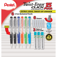 Pentel Twist-Erase Click Mechanical Pencils with Lead & Eraser Refills, 0.7mm, 6 ct