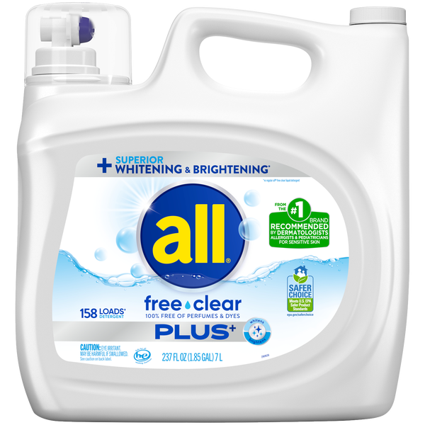 All Liquid Laundry Detergent, Free Clear Plus, HE Compatible, Unscented, 237 fl oz