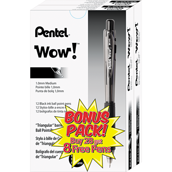 Pentel WOW! Retractable Ballpoint Pen, Medium Point 1.0mm, Black Ink, 36 ct