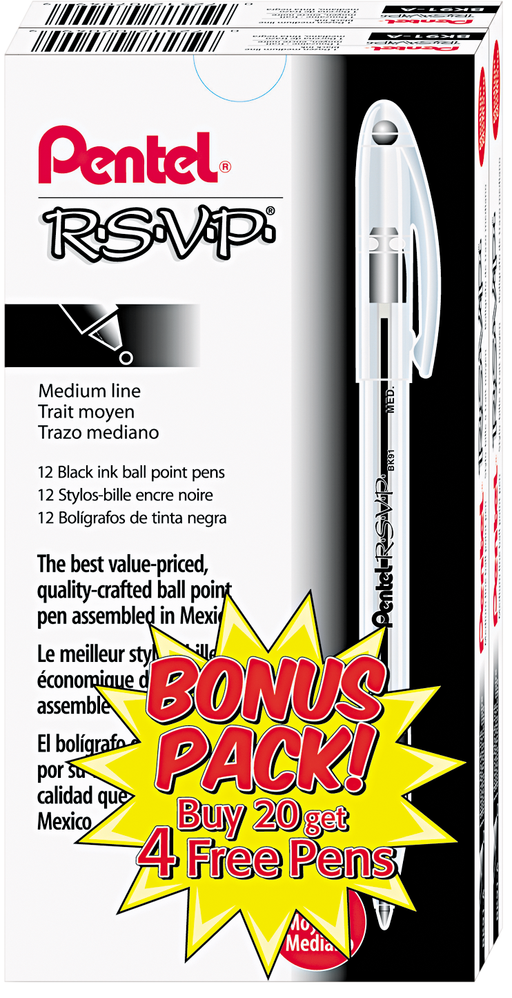 Pentel R.S.V.P. Stic Ballpoint Pen, Medium Point 1.0mm, Black Ink, 24 ct