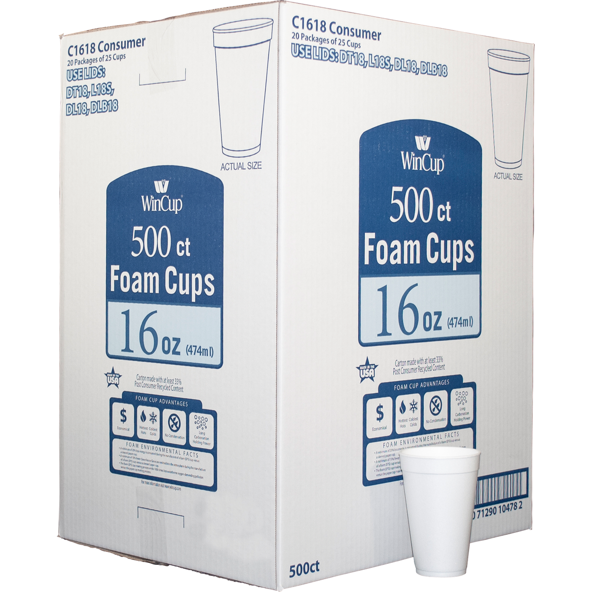 WinCup Foam Cold and Hot Cups, White, 16 oz, White, 500 ct