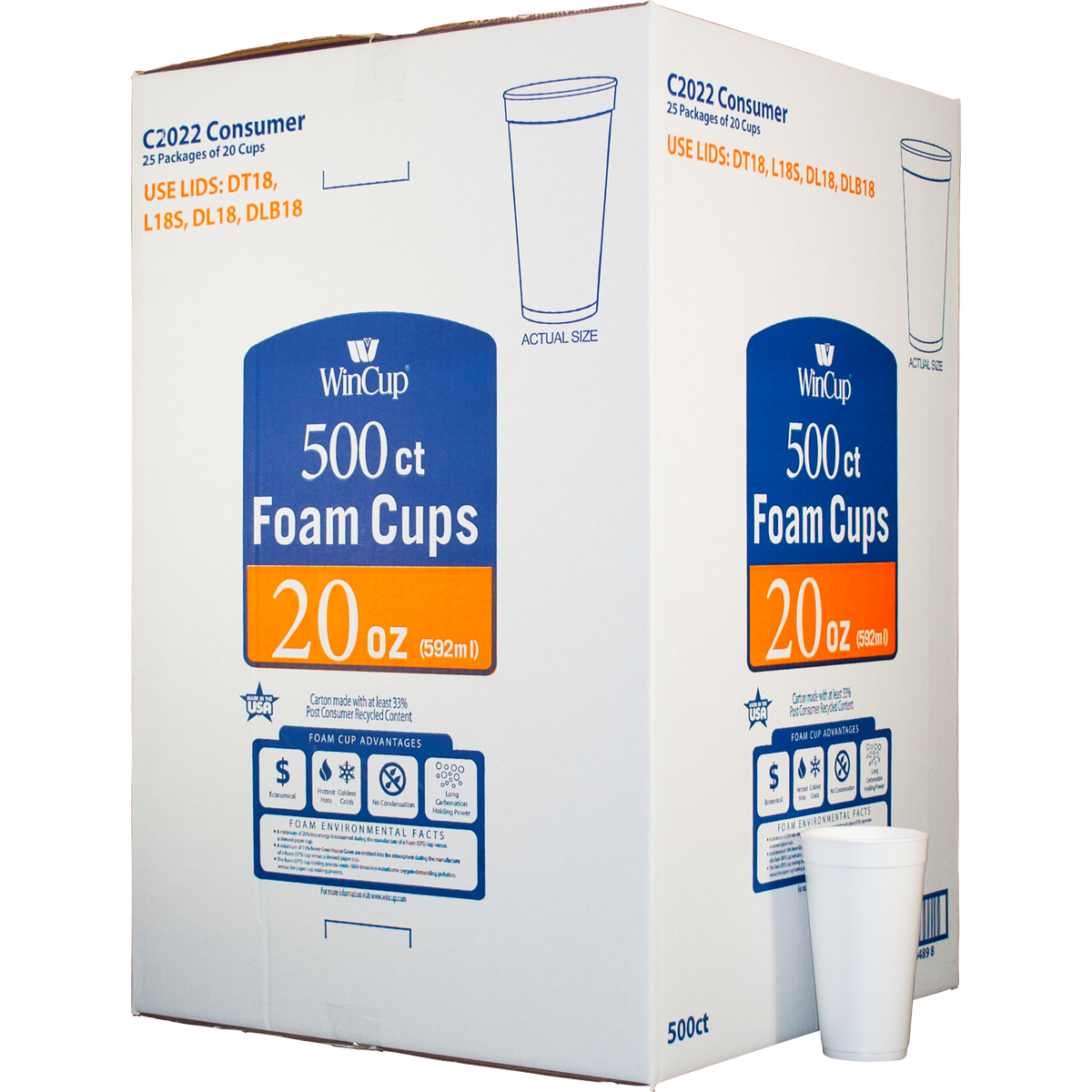 WinCup Foam Cold and Hot Cups, 20 oz, White, 500 ct