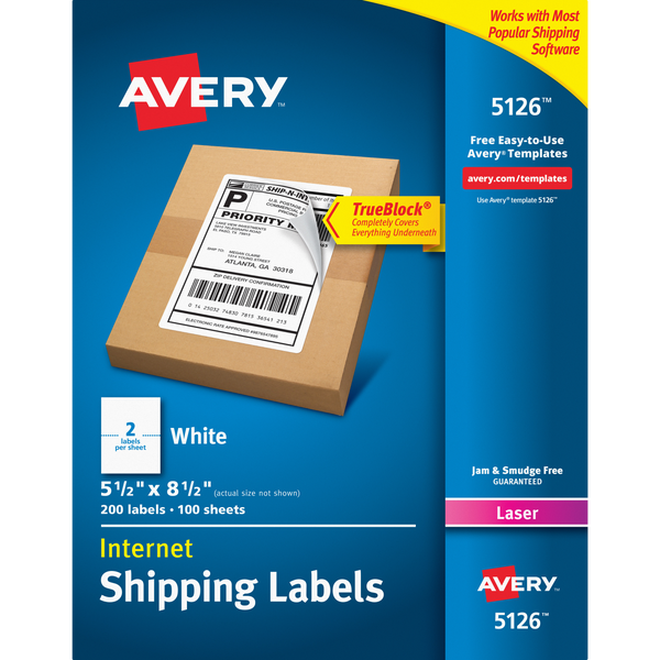 Avery TrueBlock Internet Shipping Labels, Laser, White, 5-1/2" x 8-1/2", 200 Labels