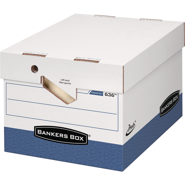 Bankers Box Presto Storage Box, Heavy Duty, Lift-Off Lid, Ergo Handles, Letter/Legal, Blue/White, 12 ct