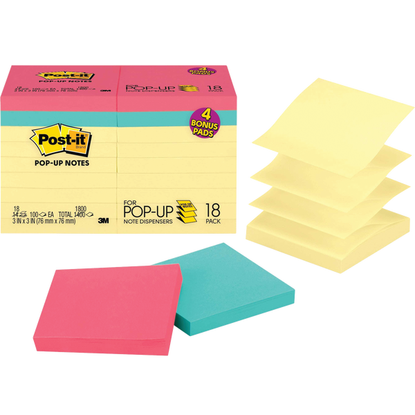 Post-it Dispenser Pop-up Notes, 3" x 3", Assorted Colors, 100 Sheets, 18 Pads