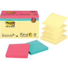 Post-it Dispenser Pop-up Notes, 3" x 3", Assorted Colors, 100 Sheets, 18 Pads