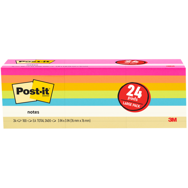 Post-it Notes, 3” x 3”, Assorted Bright Colors, 100 Sheets, 24 Pads