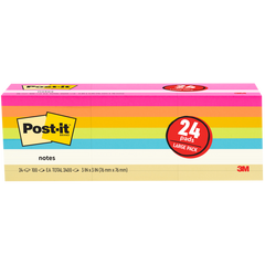 Post-it Notes, 3” x 3”, Assorted Bright Colors, 100 Sheets, 24 Pads