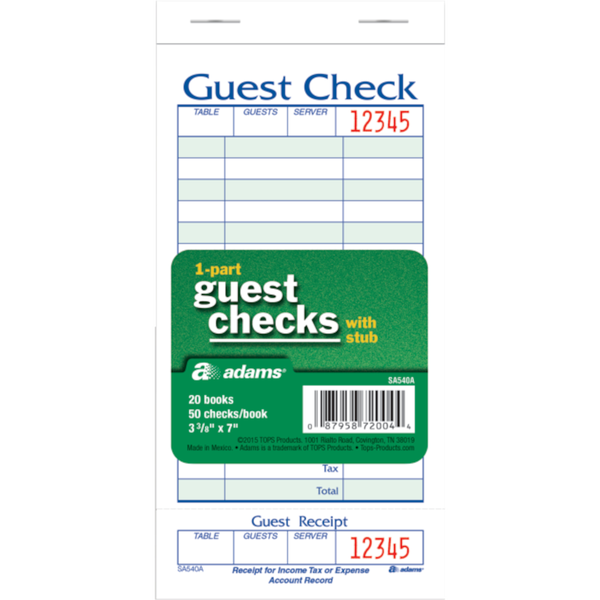 Adams Guest Checks with Stub, 3-3/8" x 7", 20 ct