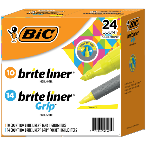 BIC Brite Liner Highlighter Combo Pack, Chisel Tip, Fluorescent Yellow, 24 ct