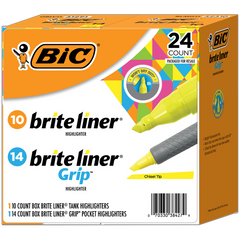 BIC Brite Liner Highlighter Combo Pack, Chisel Tip, Fluorescent Yellow, 24 ct