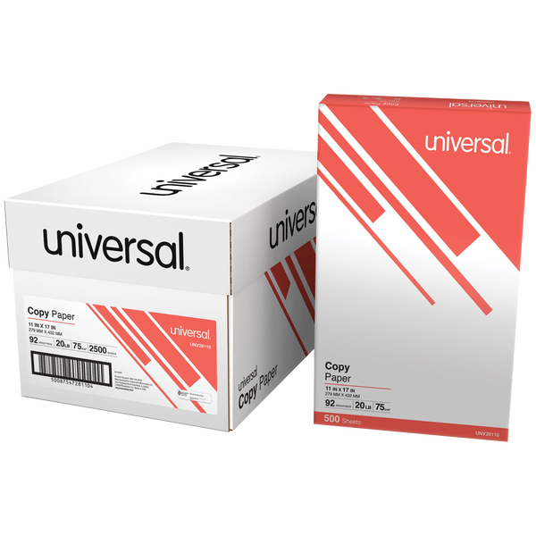 Universal Ledger/Tabloid Size Copy Paper, 92 Bright, 20 lb, White, 11" x 17", 2500 Sheets