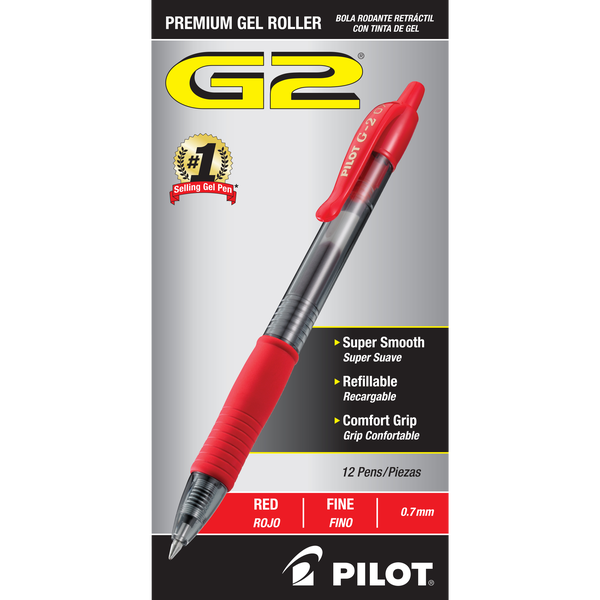 Pilot G2 Retractable Premium Gel Pen, Fine Point 0.7mm, Red Ink, 12 ct